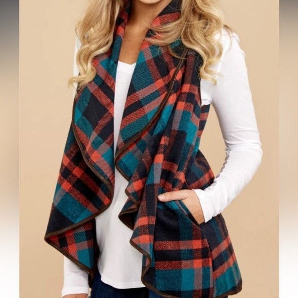 Favlux fashion wool blend plaid vest waterfall front woman's size small